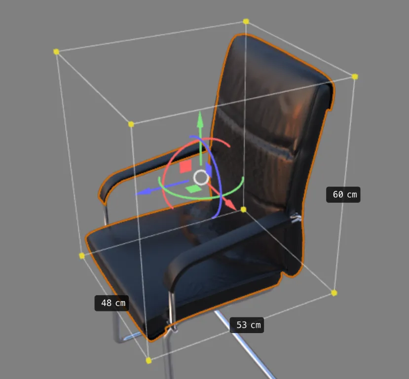 A chair's scale cage showing exact bounding-box dimensions (60cm, 48cm, 53cm) and a move gizmo, both editable directly by clicking a value instead of dragging